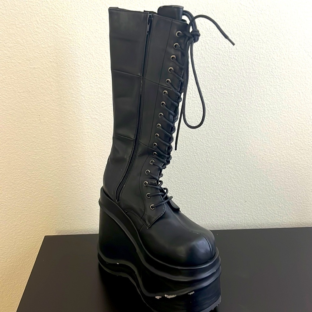 Demonia Wave 302 Black Boots Platform Knee High Goth Punk Cyber Vegan